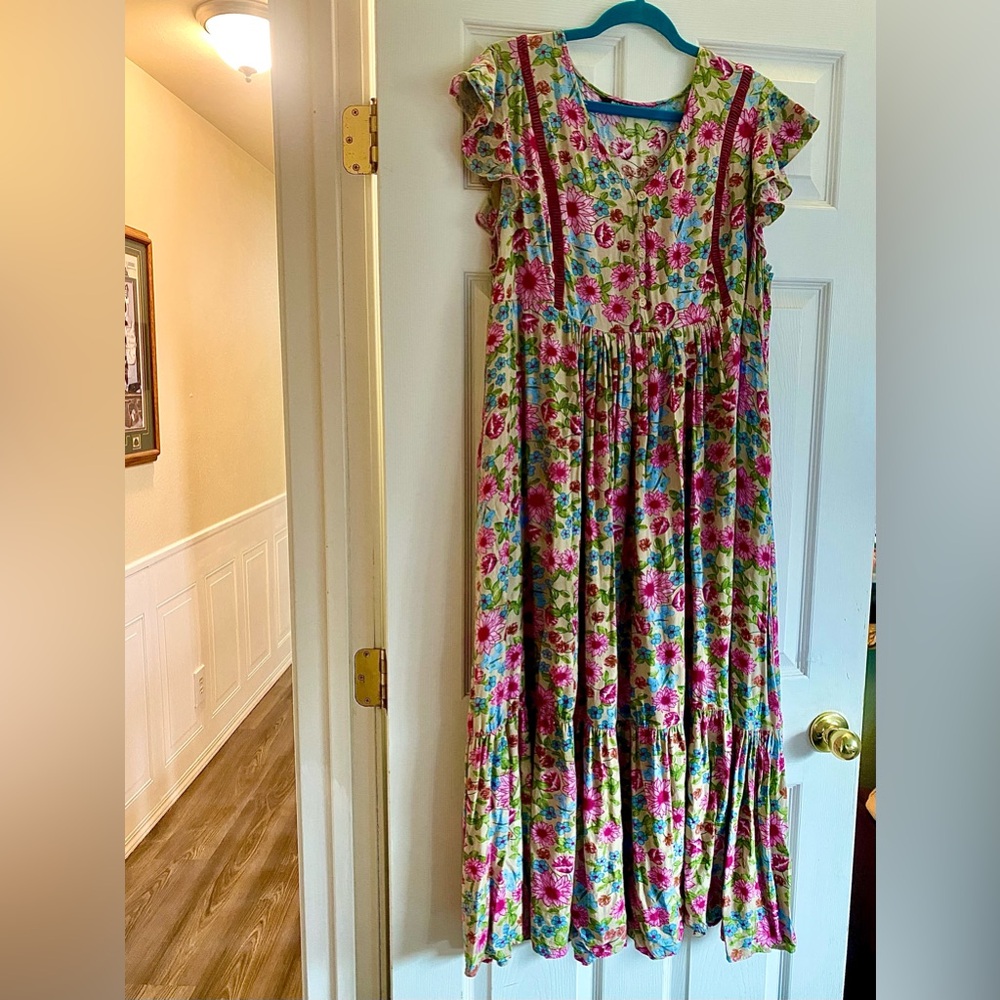 BloomChic Pink Floral Maxi Dress on Green Background. - Picture 5 of 9
